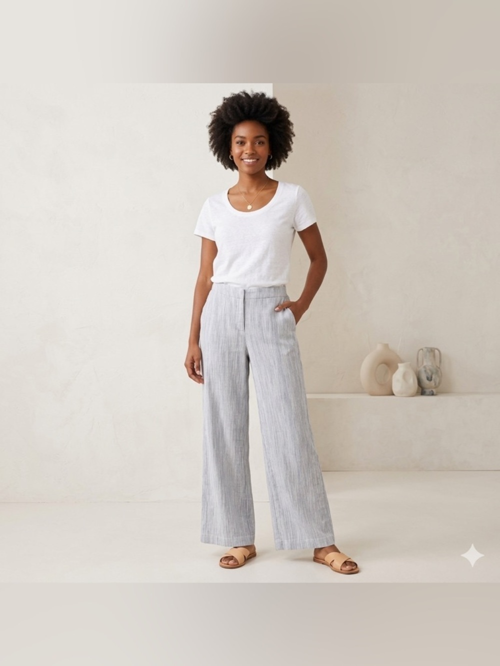NIC+ZOE Linen Blend Wide Leg White Gray Pinstriped Pants Size 4